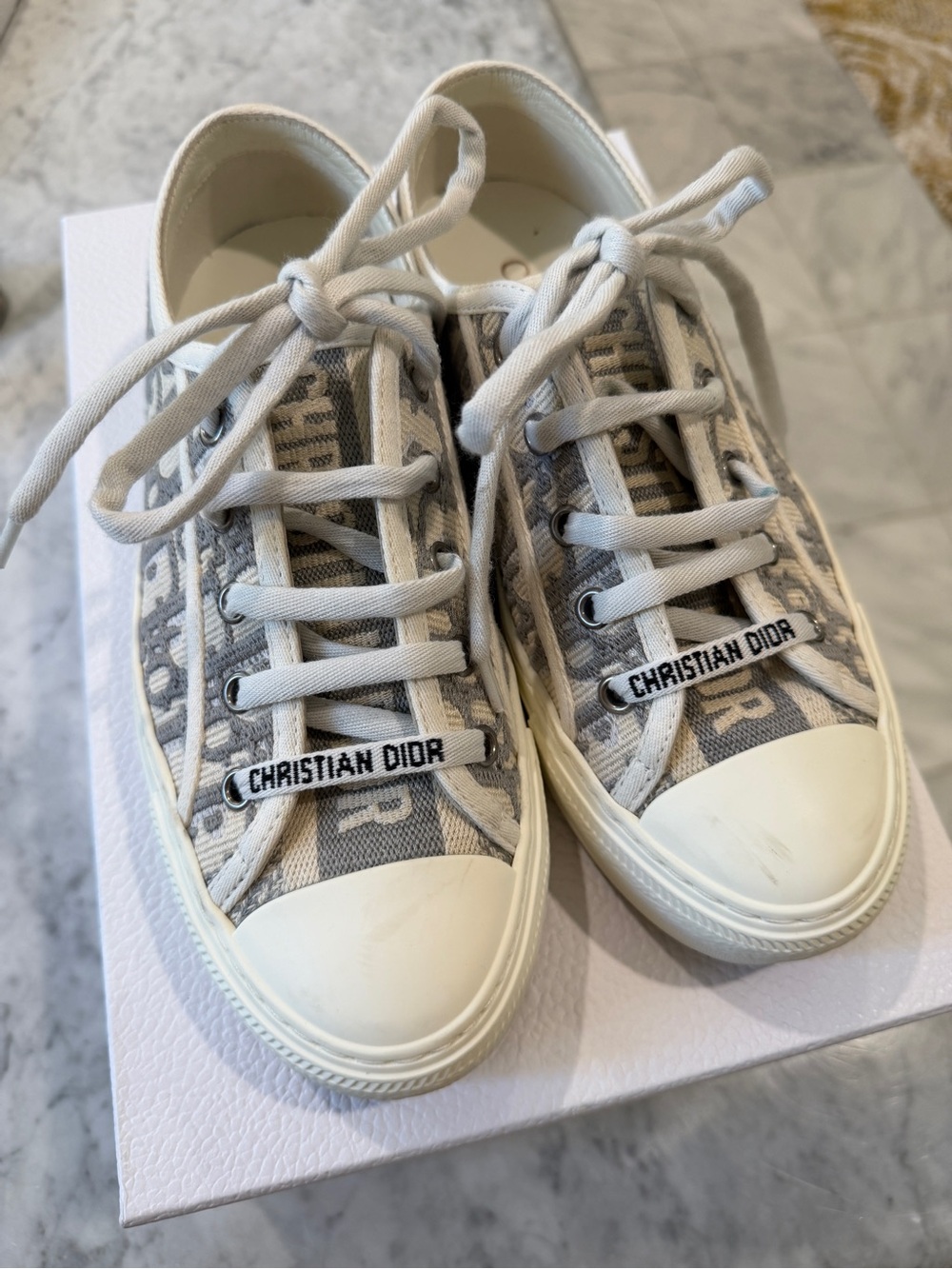 Dior “Walk ‘N’Dior” Beige and Gray Monogram Canvas Sneakers